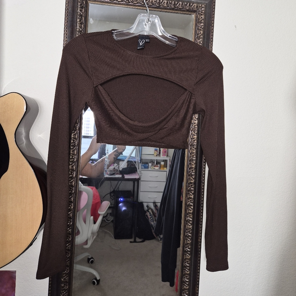 Brown Long Sleeve Cutout Top